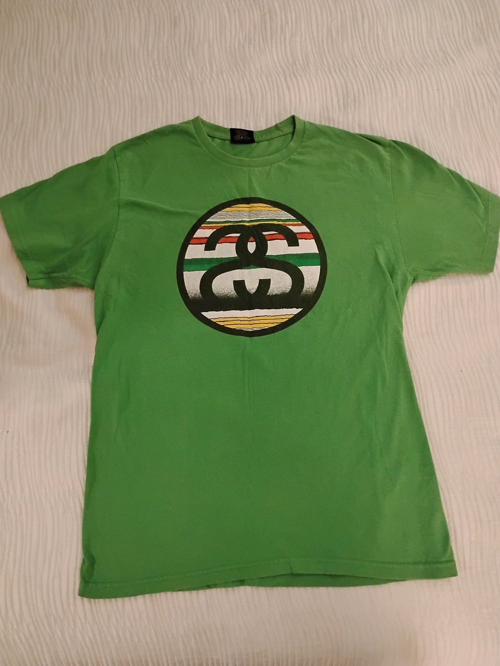 Stussy Green Short Sleeve T-Shirt with Striped Circular Logo